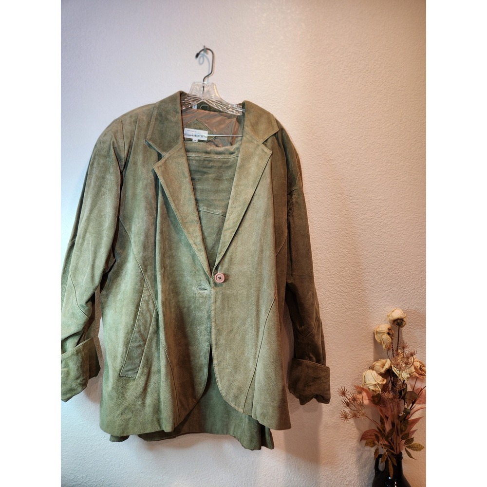 Vintage Tibor Genuine Suede Leather‎ Blazer Skirt Set Womens 16 Green Western